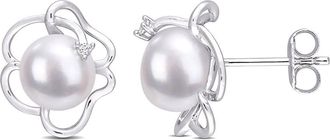 Amour 7.5-8mm Freshwater Cultured Pearl and Created White Sapphire Floral Stud Earrings In Sterling Silver