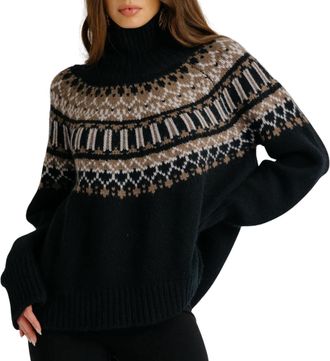 Sablyn Scottie Slouchy Fair Isle Cashmere Mock Neck Sweater In Black