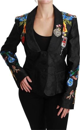 Dolce & Gabbana Zwarte Kristallen Brokaat Blazer Jas - Dames - Blazers - Zwart - XL - Polyester - Jassen