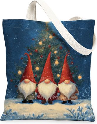 Generic Christmas Gnomes Canvas Tote Bags, Holiday Pattern Reusable Bags, Winter Rustic Washable Shoulder Strap Canvas for Outdoor Travel 13x15 Inch