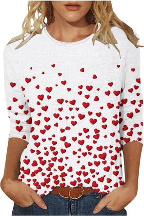 Generic Graphic Print Sweatshirt for Women Romantic Valentines Crewneck Three Quarter Sleeve Sweatshirt Trendy Elegant Heart Print Pullover Ladies Loose Fit F