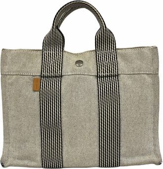 Herm&egrave;s Black Gray Canvas Tote Bag (Pre-Owned)