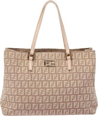 Fendi Zucchino Beige Canvas, Leather Tote Bag (Pre-Owned)
