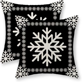 OEM Fundas De Almohada Navide&ntilde;as De 45 X 45 Cm, Juego De 2 Piezas, Estampado De Copos De Nieve, Ribete R&uacute;stico De Lino Navide&ntilde;o, Aptas Para Cojines Decora