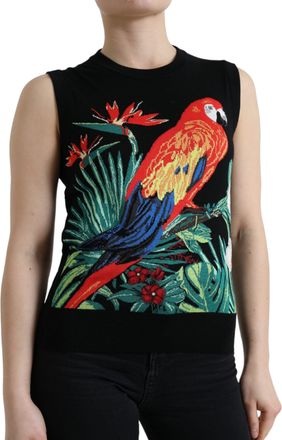 Dolce & Gabbana Womens Black Bird Wool Knit Sleeveless Tank T-Shirt Virgin Silk