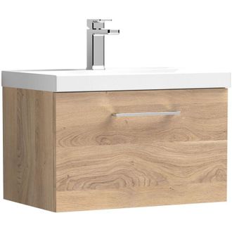 Nuie Nuie Arno Bleached Oak Woodgrain 600mm Wall Hung Single Drawer Vanity Unit and Mid Edge Ceramic Basin - ARN3022A