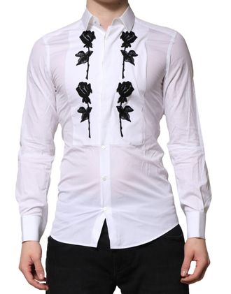Dolce & Gabbana White Floral Embroidery Men GOLD Formal Mens Shirt (Pre-Owned)