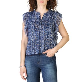 Pepe Jeans London Womens Floral Print Ruffle Blouse - Medium Blue viscose - Size Small