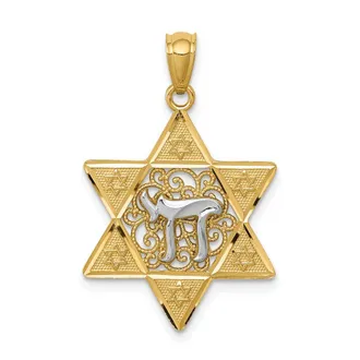 Diamond2Deal 14k Two-tone Gold Gold Polished Star of David Chai Pendant