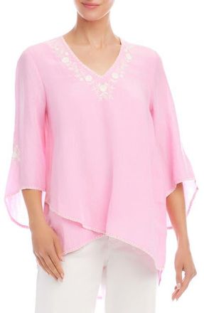 Karen Kane Embroidered Asymmetric Hem Linen Blend Top in Pink at Nordstrom, Size X-Small
