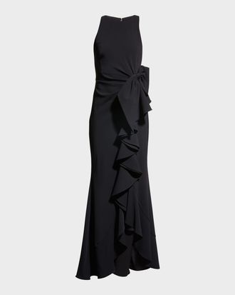 Badgley Mischka Odessa Asymmetric Ruffle-Skirt Crepe Gown