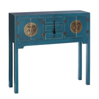 LOLAhome Consola con 3 cajones y 4 puertas oriental de madera azul