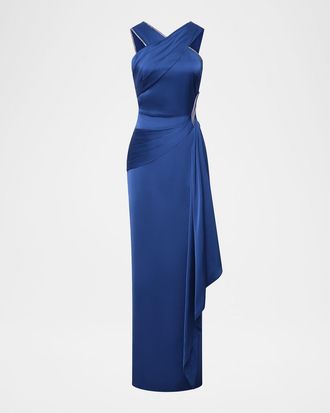 Theia Cressida Rhinestone-Trim Halter Column Gown