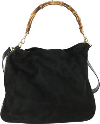 Gucci Vintage Bamboo Hobo Suede Black Suede Handbag (Pre-Owned)