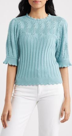 Wit & Wisdom Mixed Stitch Elbow Sleeve Sweater in Pale Teal at Nordstrom, Size X-Small