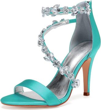 Generic Wedding Shoes Women Ankle Strap Heels Bridal Heels Open Toe Stiletto High Heeled Sandals for Prom, Party, Daily 10.5Cm,Blue Green,7 UK