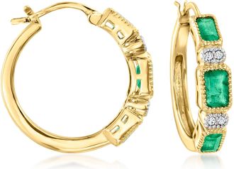 Ross-Simons Emerald and. Diamond Hoop Earrings in 18kt Gold Over Sterling
