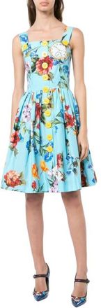 Dolce & Gabbana Blue Floral Print Cotton-poplin Dress Size M