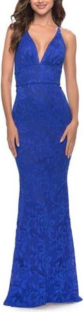 La Femme Fitted Stretch Lace Prom Dress with Banded Waist in Royal Blue at Nordstrom, Size 10