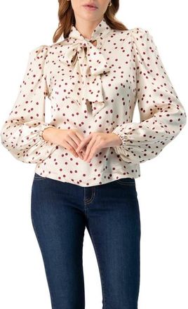 Ivonne Long Sleeve Polka Dot Blouse with Neck Tie in Ivory at Nordstrom, Size 14