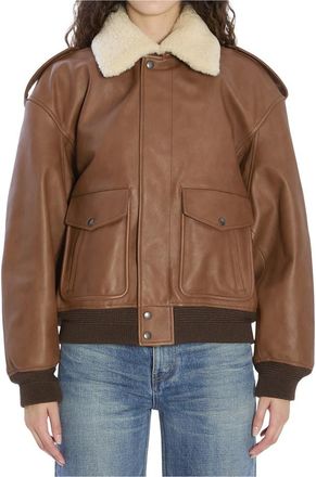 Saint Laurent Blouson Aviateur - Dames - Leren en Su&egrave;de Jassen - Bruin - M - Wol - Jassen