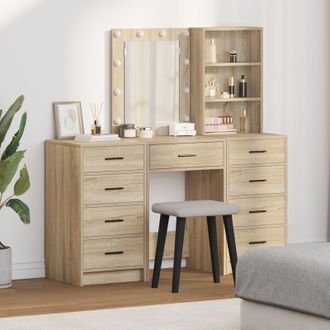 Berkfield Home 3 Piece Dressing Table Set with LED Sonoma Oak Engineered Wood in Brown