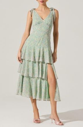 ASTR the Label Tiered Shoulder Tie Dress in Mint Multi Floral at Nordstrom Rack, Size Medium