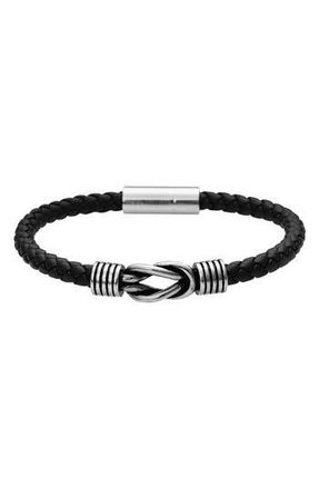 Geoffrey Beene Mens Stainless Steel Knot Leather Bracelet in Black at Nordstrom Rack