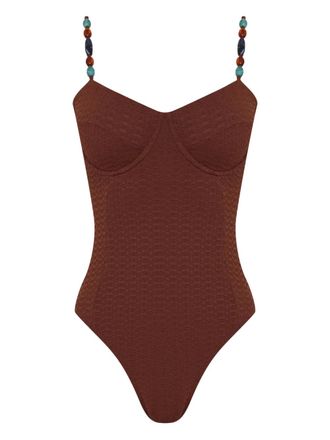 Brigitte beaded-strap textured swimsuit - Brown