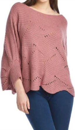 Papillon Open Knit Poncho Sweater With Scallop Hem In Pink