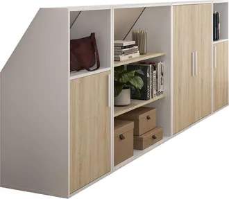 Vente-Unique Armario inclinado para techo abuhardillado 4 puertas, 2 estantes y 2 estantes - Blanco y natural - ADEZIO