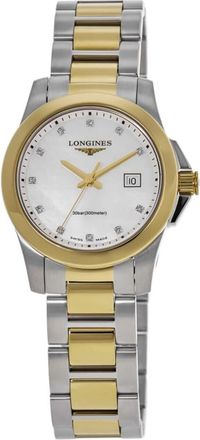 Longines Conquest Quartz Mother of Pearl Diamond Dial Yellow Gold PVD Steel Womens Watch L3.376.3.87.7