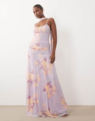 Asos vestito maxi in rete con stampa, busto arricciato e dettaglio foulard, floreale viola-Multicolore