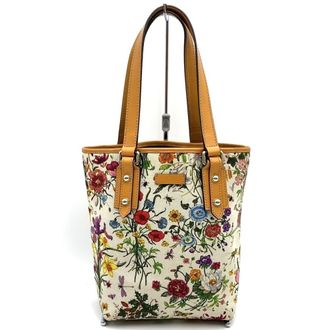 Gucci Flora Brown Orange Canvas Leather Handbag Tote Bag (Pre-Owned)