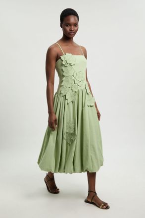 Karen Millen Womens Cotton Linen 3D Floral Bubble Hem Midi Dress - Green - Size 14 UK