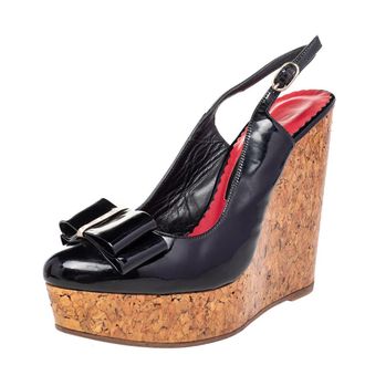 Carolina Herrera CH Carolina Herrera Black Leather Bow Wedge Sandals Size 37