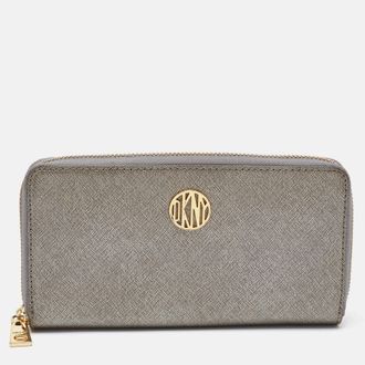 DKNY Dkny Metallic Grey Saffiano Leather Logo Zip Around Wallet