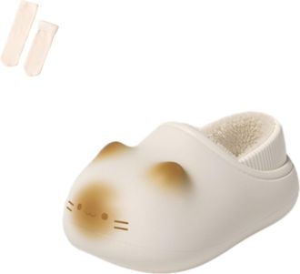 Generic Cat Slippers Womens Cute Cat Slippers with Plush Liner Waterproof Funny Animal Slides Warm Kawaii Gifts (Beige Full Coverage, M, Adult, Women, 3.5, Nu