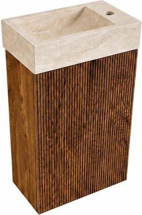 Saniclass Holz Atelier Toiletmeubelset - 40x60.5cm - 1 deur - fontein travertine - kraangat rechts - walnut pure