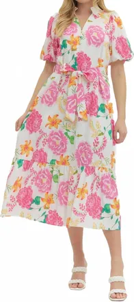 Entro Print Puff Sleeve Midi Dress In Pink Multi