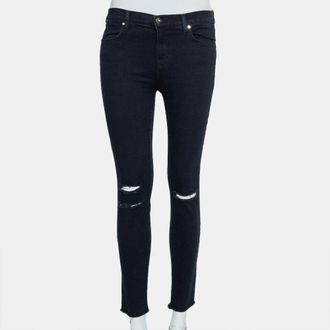 J Brand Navy Blue Denim Cropped Skinny Distressed Blue Mercy Jeans