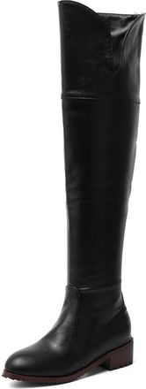 Generic Womens Round Toe Western Cowboy Boots PU Leather Thigh High Boots with Side Zipper Flat Heel Over The Knee Boot,Black,9.5 UK