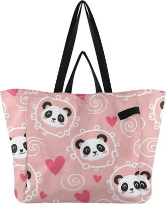 Generic Panda Heart Pink pattern Reusable Canvas Tote Bag, Heavy Duty Grocery Shopping Bag with Hard Bottom Large Capacity Double Handles Work Groceries Trave