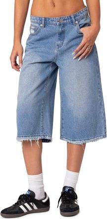 Edikted Fallen Angel Rigid Denim Long Bermuda Shorts in Blue-Washed at Nordstrom, Size X-Small