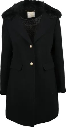 Yes-Zee Black Plush Fur Collar Double-Button Wool-Blend Coat