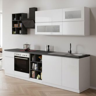 Dmora Dmora - Cocina Completa Ronald, Cocina Pr&aacute;ctica Y Que Ahorra Espacio, Pared De Cocina Con 5 Puertas Y 1 Caj&oacute;n, 100% Made In Italy, 255x60h85 Cm, Blanc