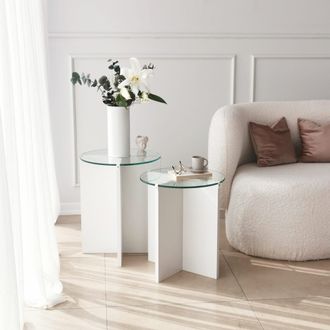 Dmora Mesas De Centro Genga, Set 2 Piezas Vidrio Templado, Forma Redonda, Tabla De Vidrio, 70x70x38h Cm Blanco