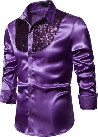 Generic Mens Luxury Shiny Long Sleeve Shirts | Lapel Collar Button-Down Slim Fit Sequins Shirts for Party Wedding Nightclub | Men Fashion Shiny Night Club Wea