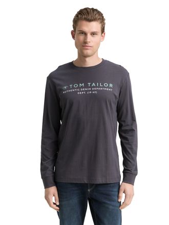 Tom Tailor Langarmshirt TOM TAILOR, Herren, Gr. XL, grau (tarmac grau), Single Jersey, Obermaterial: 100% Baumwolle, bedruckt, regular fit taillenbedeckt, Rundha