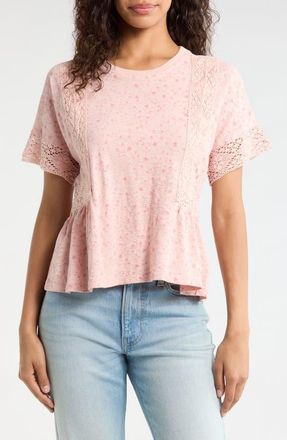 Lucky Brand Lace Trim Peplum T-Shirt in Rose Multi at Nordstrom, Size X-Large